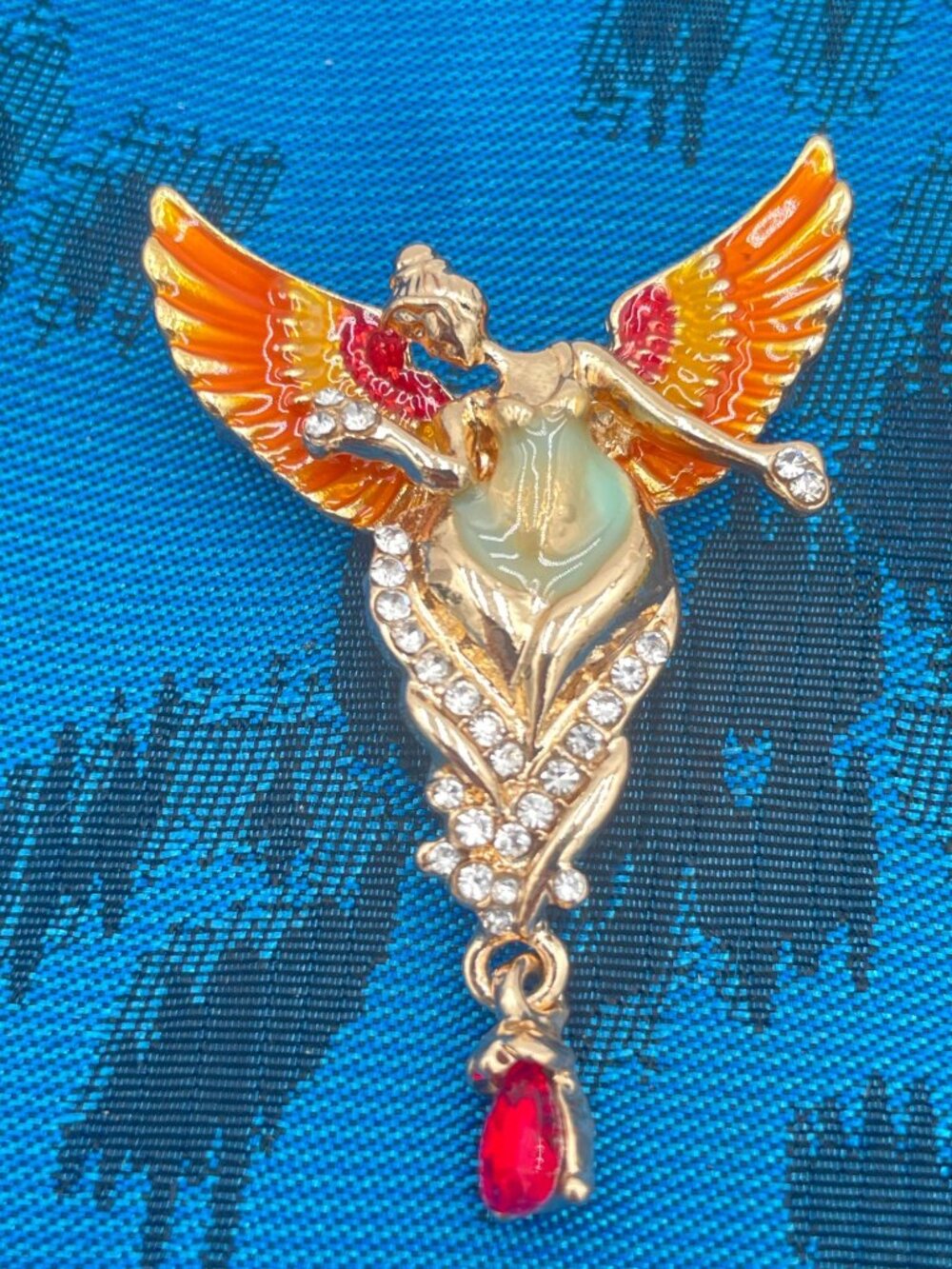 Angel Wing Brooch With Rhinestones & Enamel Accents